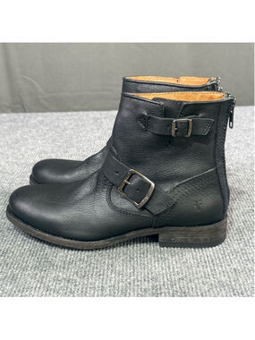 Frye Boots Women Tyler Engineer Boots Low Heel Back Zip Moto Minimalist Black
